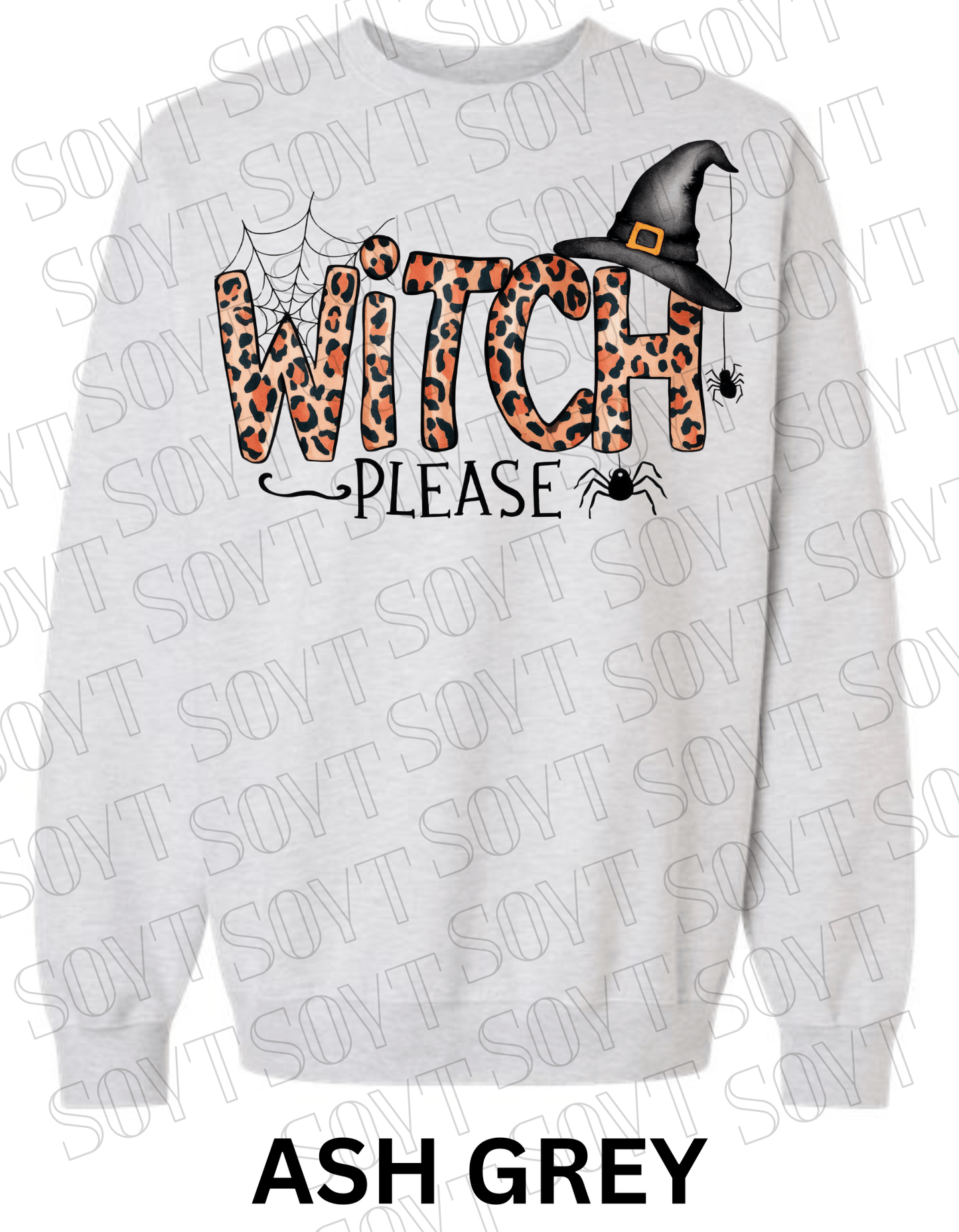 Witch, Please Halloween Sweatshirt – Leopard Print Letters, Spider Web & Witch Hat Pullover - Festive Apparel StoreAsh Grey
