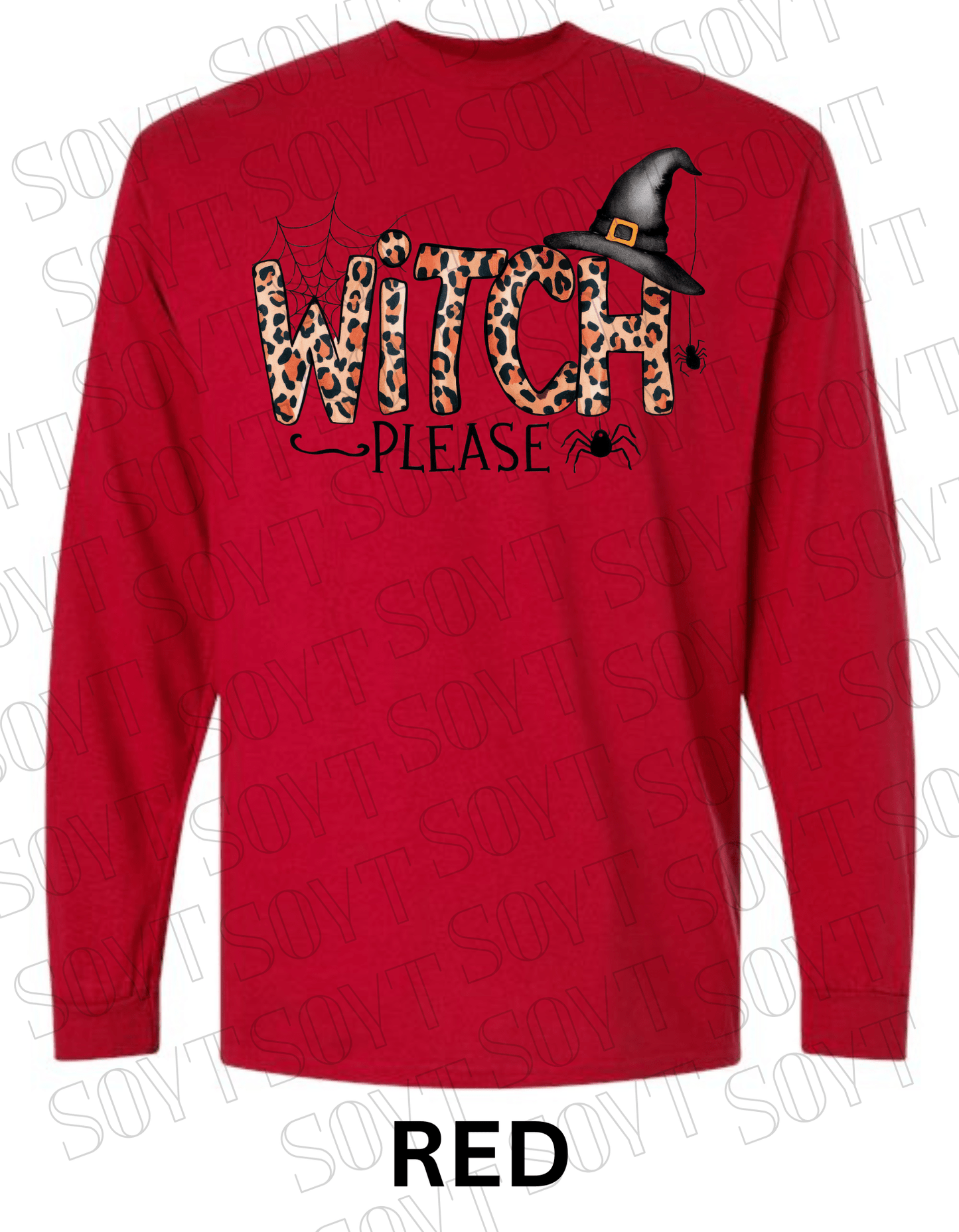 Witch, Please Long Sleeve Shirt – Leopard Print Witch Hat Halloween Graphic - Festive Apparel StoreRed
