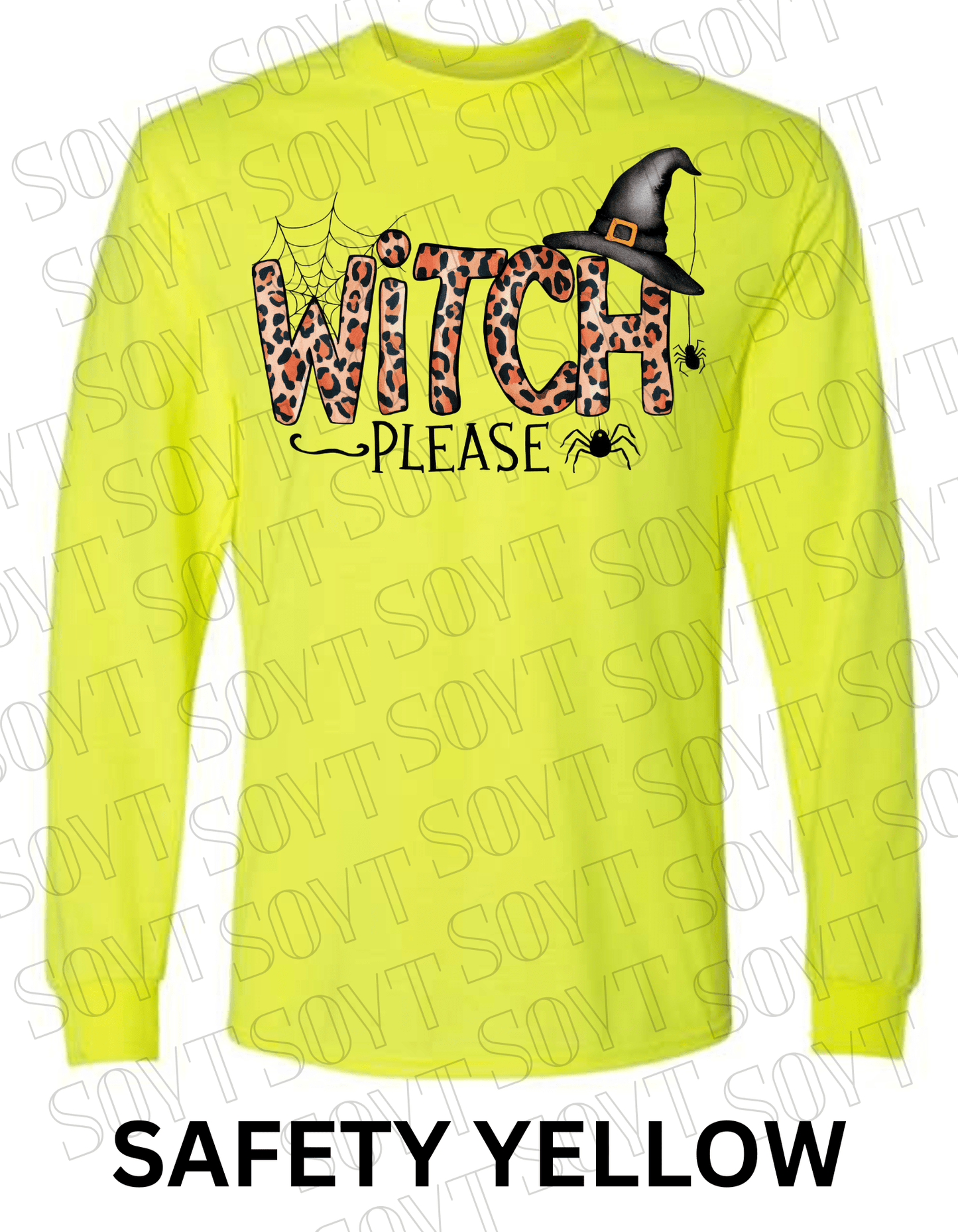 Witch, Please Long Sleeve Shirt – Leopard Print Witch Hat Halloween Graphic - Festive Apparel StoreSafety Yellow