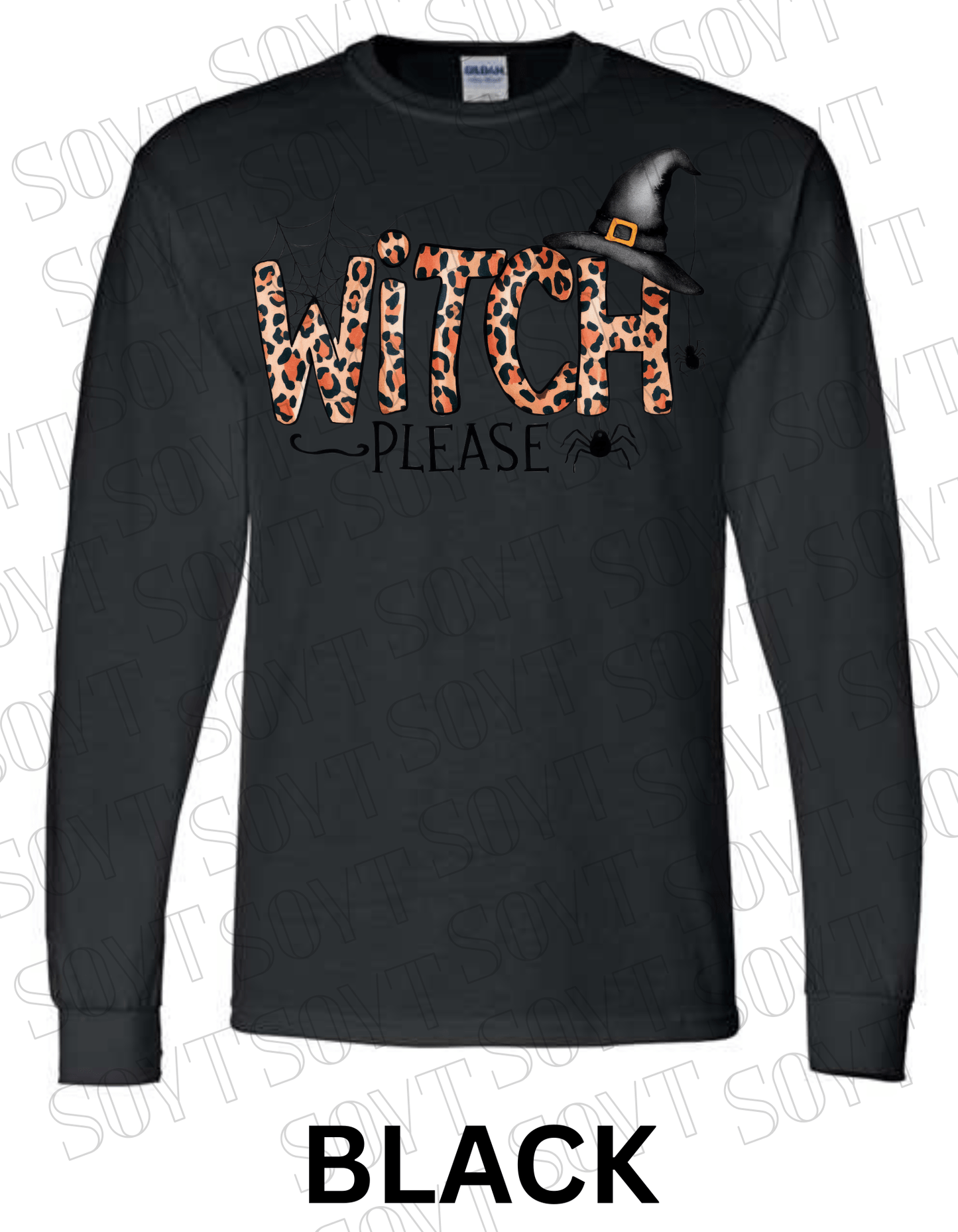 Witch, Please Long Sleeve Shirt – Leopard Print Witch Hat Halloween Graphic - Festive Apparel StoreBlack
