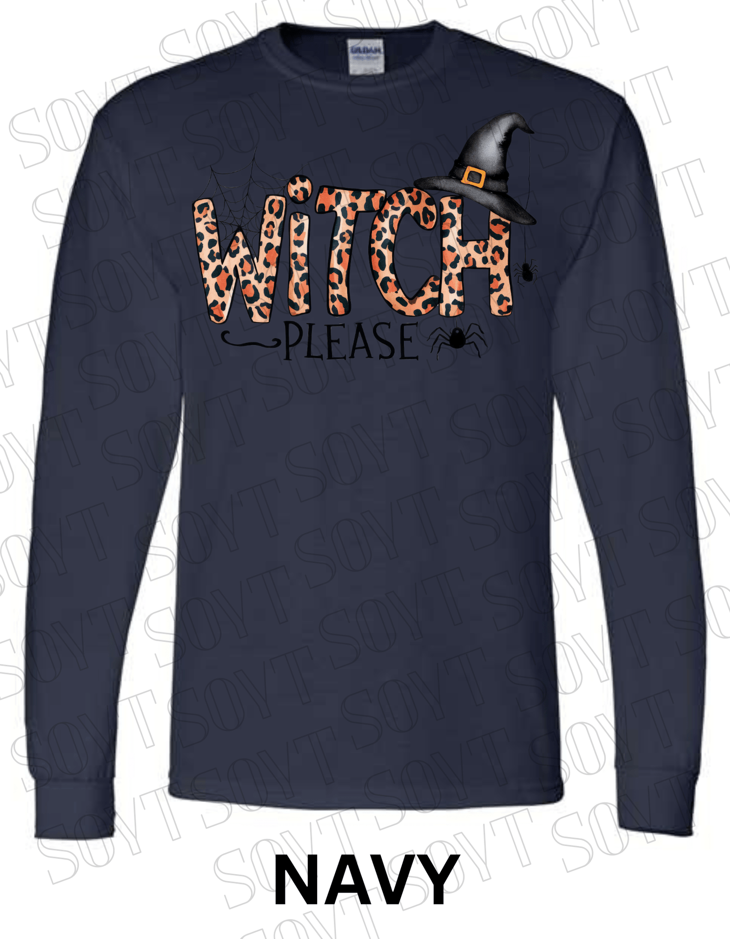 Witch, Please Long Sleeve Shirt – Leopard Print Witch Hat Halloween Graphic - Festive Apparel StoreNavy Blue