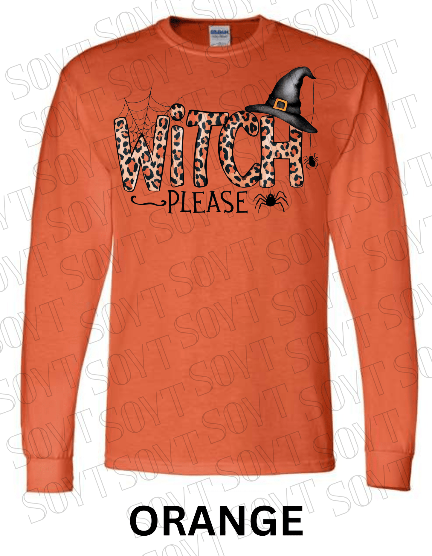 Witch, Please Long Sleeve Shirt – Leopard Print Witch Hat Halloween Graphic - Festive Apparel StoreOrange
