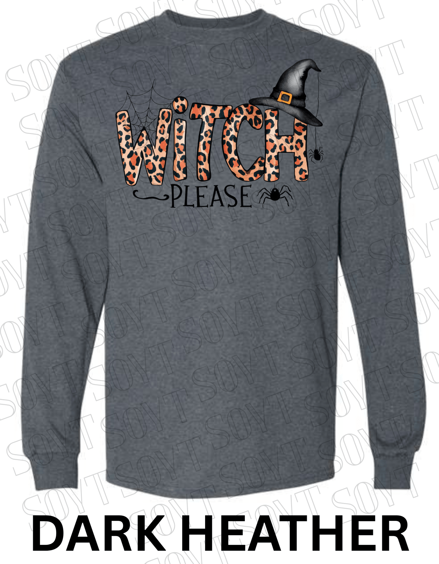 Witch, Please Long Sleeve Shirt – Leopard Print Witch Hat Halloween Graphic - Festive Apparel StoreDark Heather