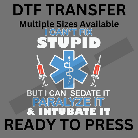 I Can’t Fix Stupid - Funny EMS DTF Iron-On Transfer for Custom Apparel