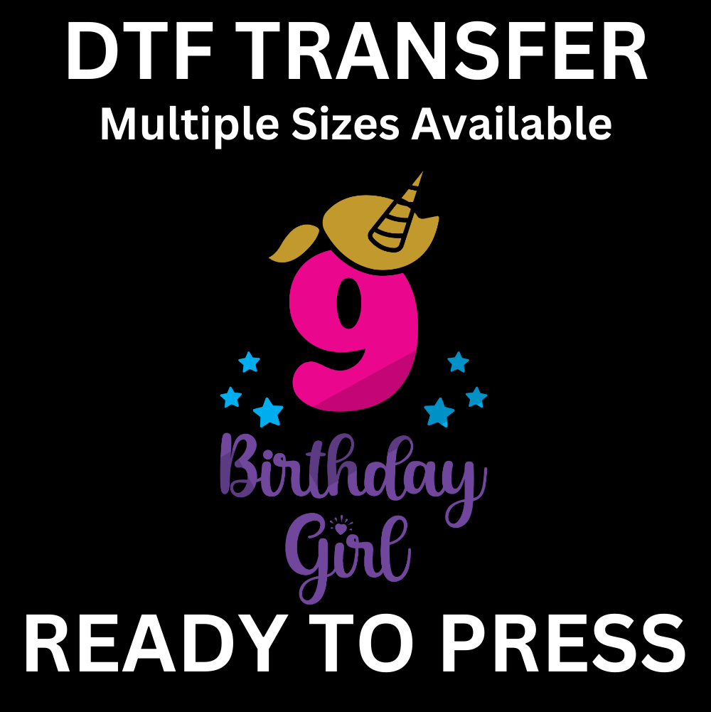 9th Birthday Girl Unicorn Iron-On Transfer | Easy Ready-to-Press, Custom Apparel for Kids’ Ninth Birthday