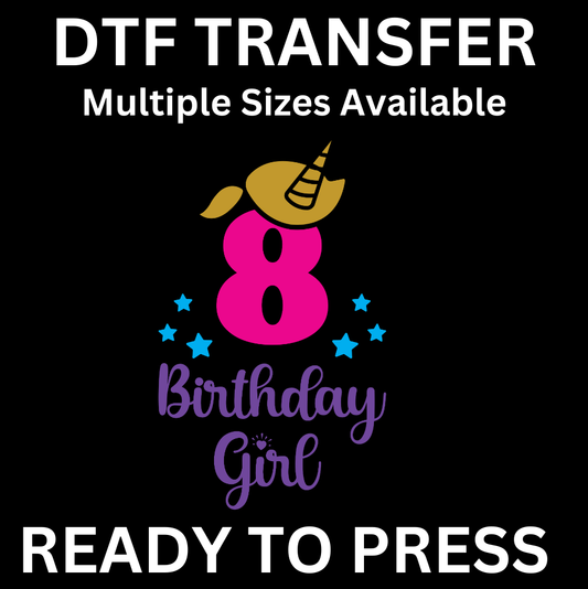 8th Birthday Girl Unicorn Iron-On Transfer | Easy Ready-to-Press, Custom Apparel for Kids’ Eighth Birthday