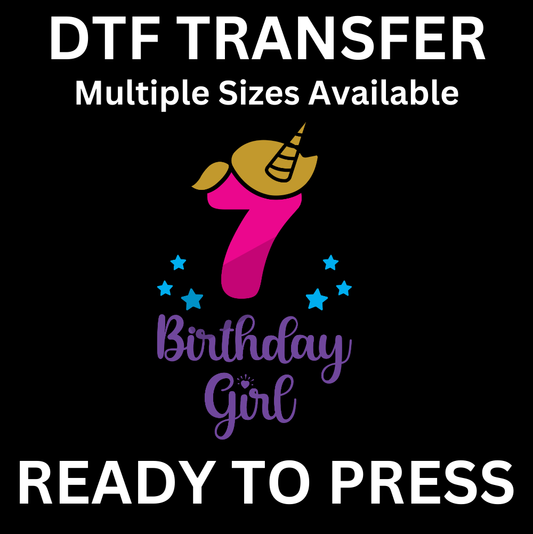 7th Birthday Girl Unicorn Iron-On Transfer | Easy Ready-to-Press, Custom Apparel for Kids’ Seventh Birthday