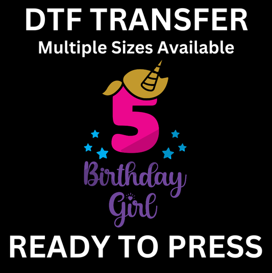 5th Birthday Girl Unicorn Iron-On Transfer | Easy Ready-to-Press, Custom Apparel for Kids’ Fifth Birthday