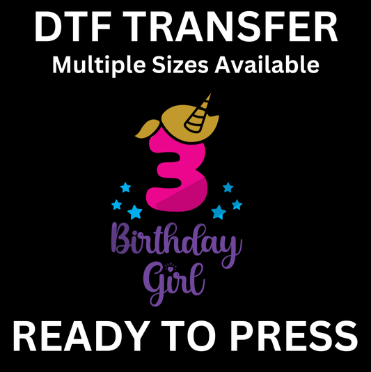 3rd Birthday Girl Unicorn Iron-On Transfer | Easy Ready-to-Press, Custom Apparel for Kids’ Third Birthday