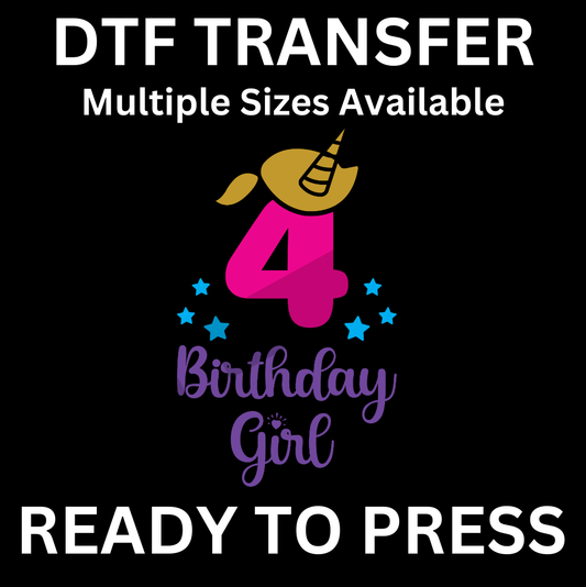 4th Birthday Girl Unicorn Iron-On Transfer | Easy Ready-to-Press, Custom Apparel for Kids’ Fourth Birthday