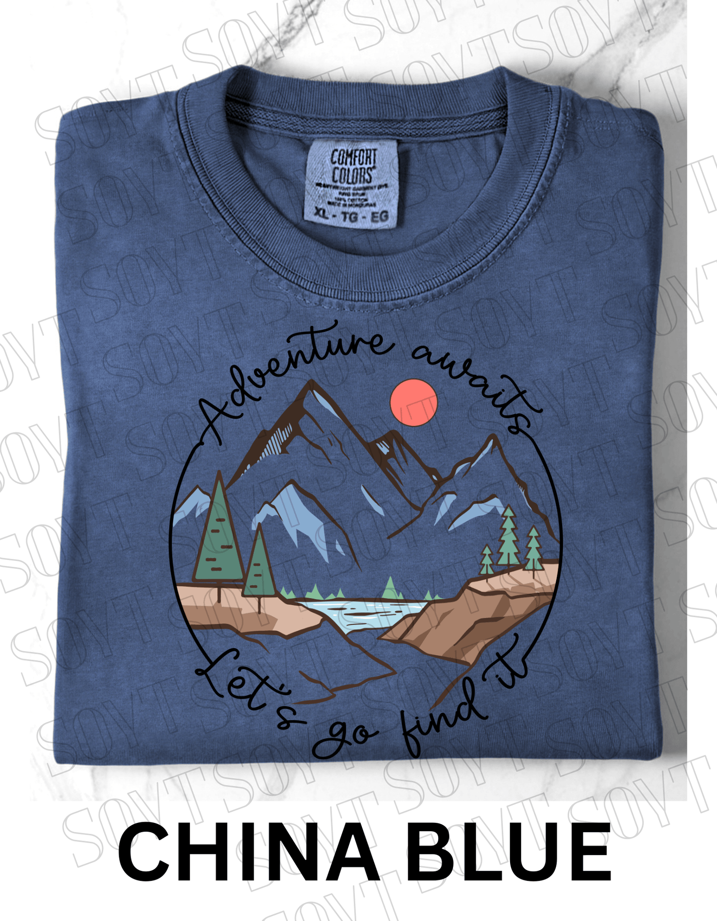 Adventure Awaits T-Shirt – Comfort Colors® Mountain & Hiking Graphic Tee - Festive Apparel StoreChina Blue