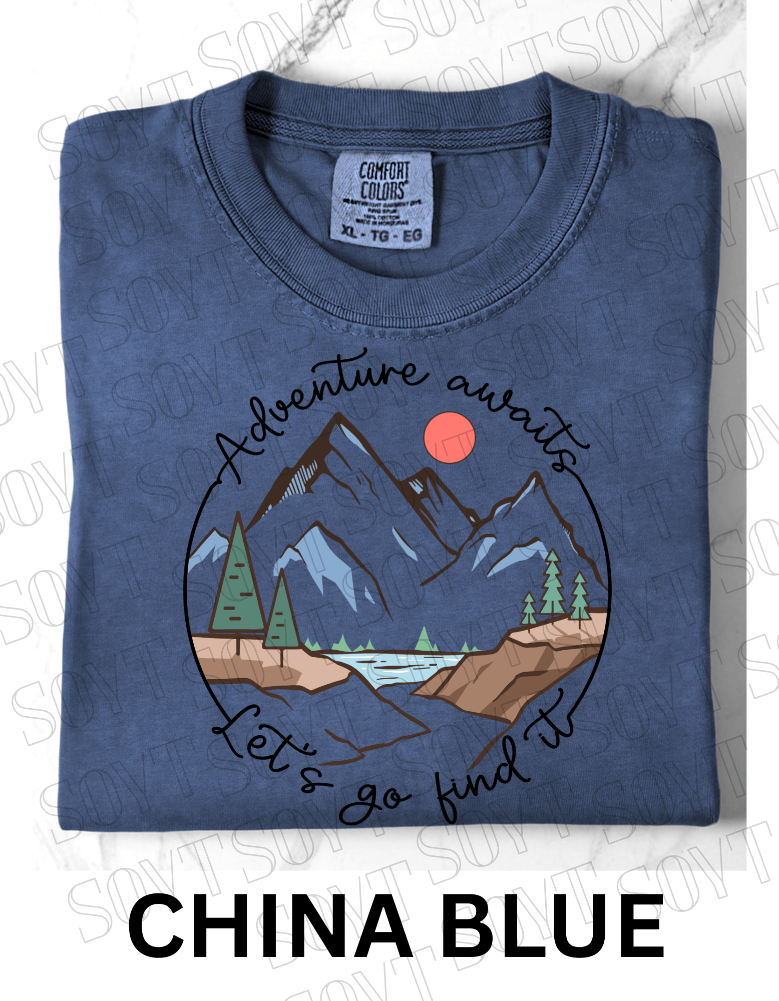 Adventure Awaits T-Shirt – Comfort Colors® Mountain & Hiking Graphic Tee - Festive Apparel StoreChina Blue
