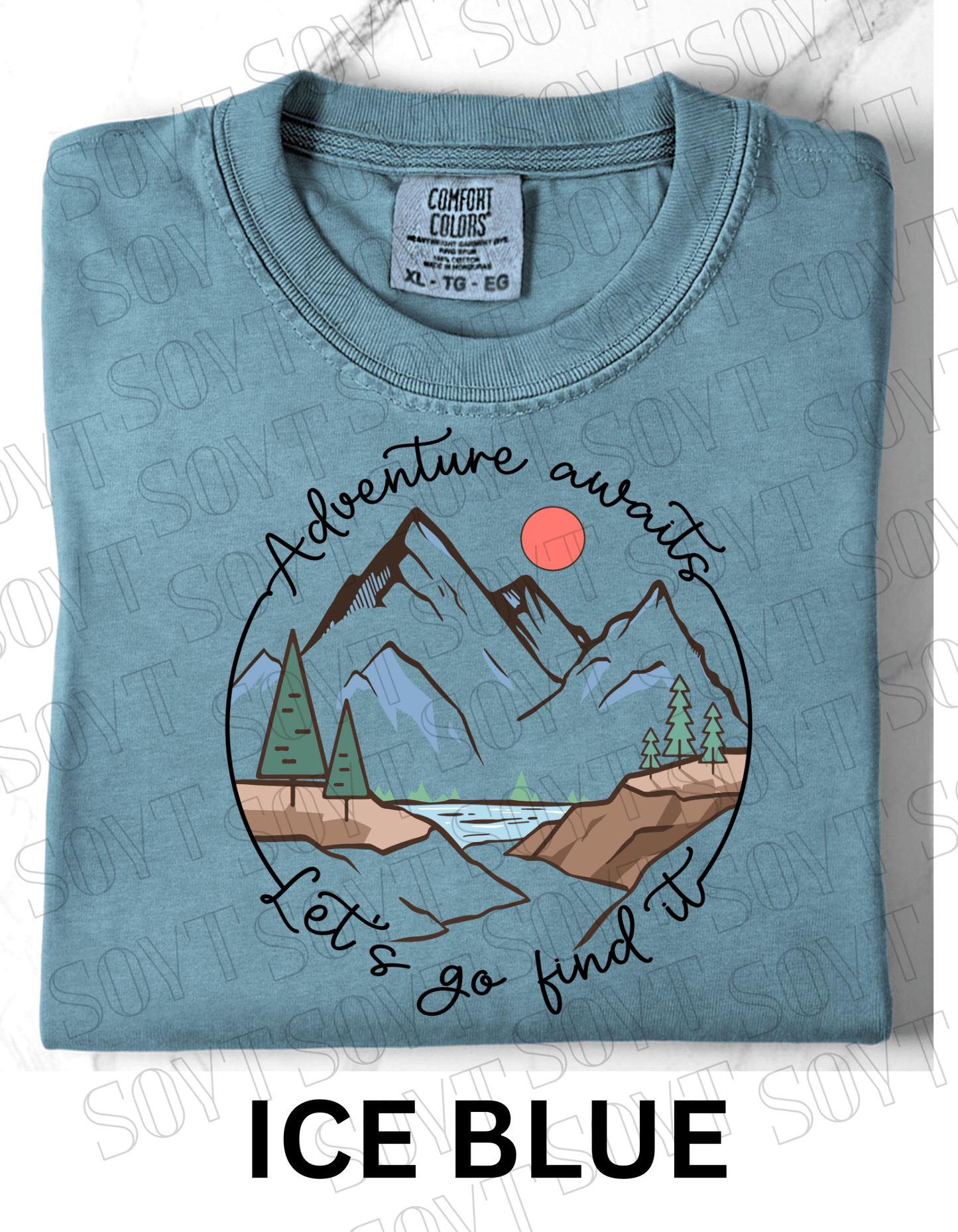 Adventure Awaits T-Shirt – Comfort Colors® Mountain & Hiking Graphic Tee - Festive Apparel StoreIce Blue
