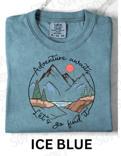Adventure Awaits T-Shirt – Comfort Colors® Mountain & Hiking Graphic Tee - Festive Apparel StoreIce Blue