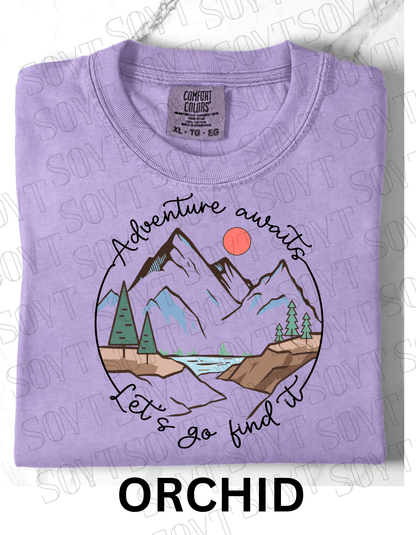 Adventure Awaits T-Shirt – Comfort Colors® Mountain & Hiking Graphic Tee - Festive Apparel StoreOrchid
