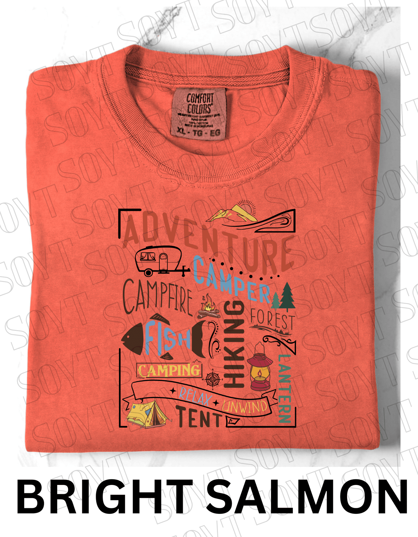 Adventure Camping Collage T-Shirt – Colorful Outdoor Lifestyle Graphic Tee - Festive Apparel StoreBright Salmon