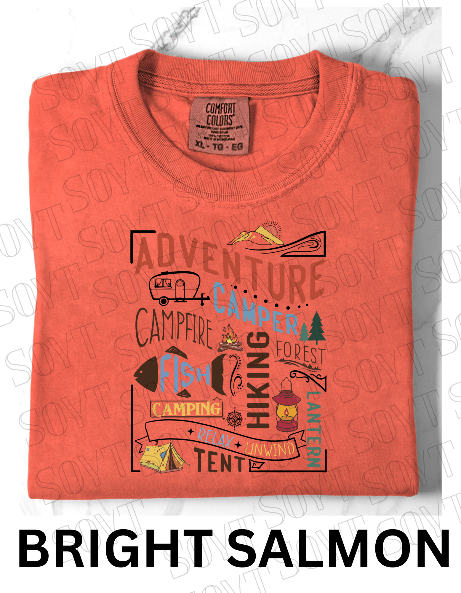 Adventure Camping Collage T-Shirt – Colorful Outdoor Lifestyle Graphic Tee - Festive Apparel StoreBright Salmon