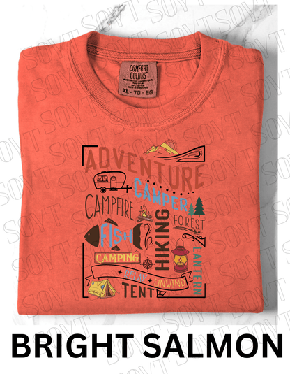 Adventure Camping Collage T-Shirt – Colorful Outdoor Lifestyle Graphic Tee - Festive Apparel StoreBright Salmon