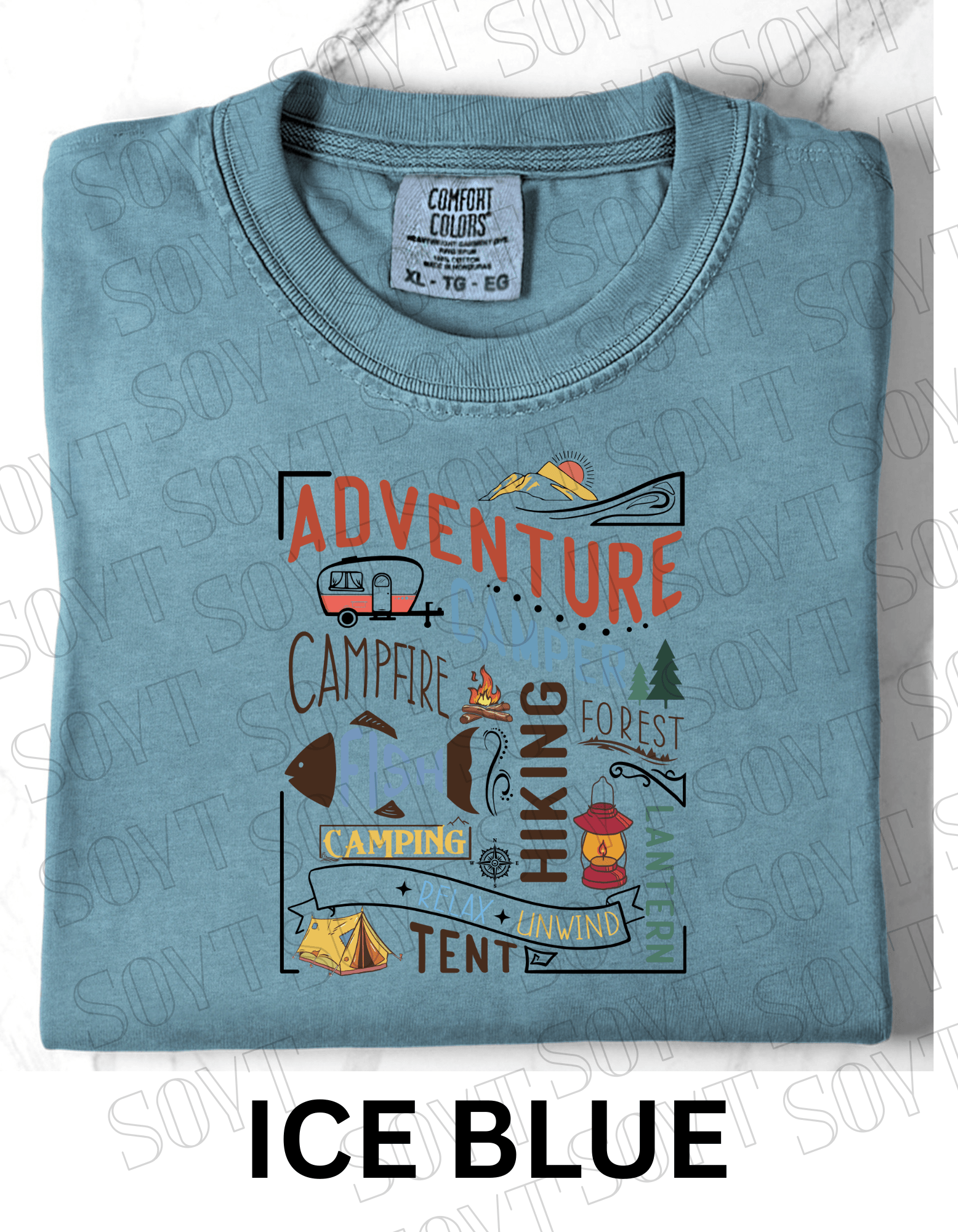 Adventure Camping Collage T-Shirt – Colorful Outdoor Lifestyle Graphic Tee - Festive Apparel StoreIce Blue