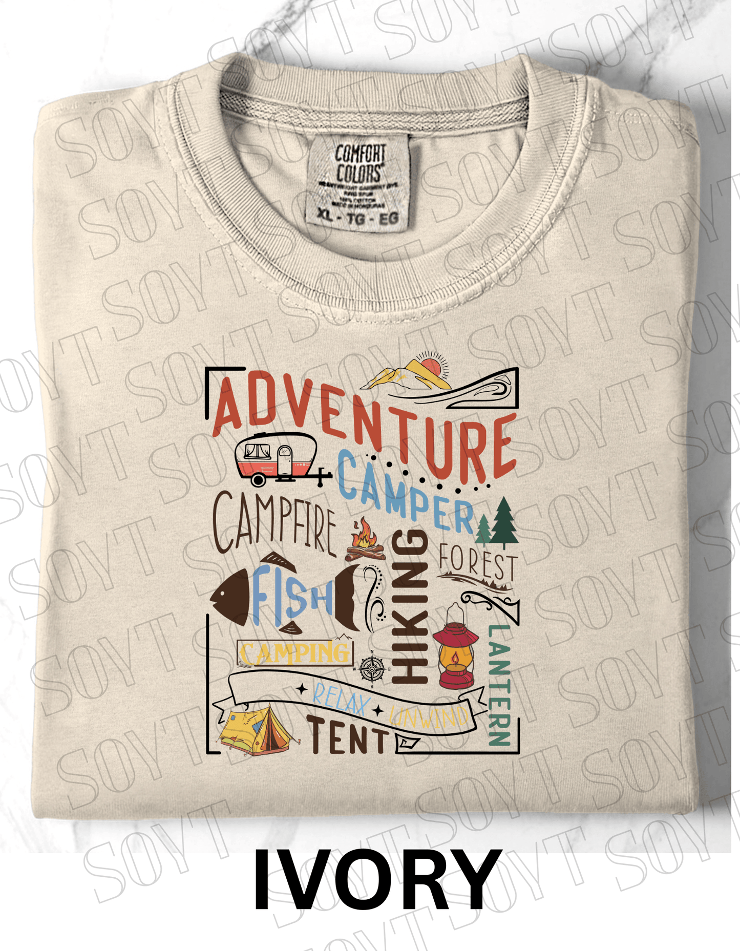 Adventure Camping Collage T-Shirt – Colorful Outdoor Lifestyle Graphic Tee - Festive Apparel StoreIvory