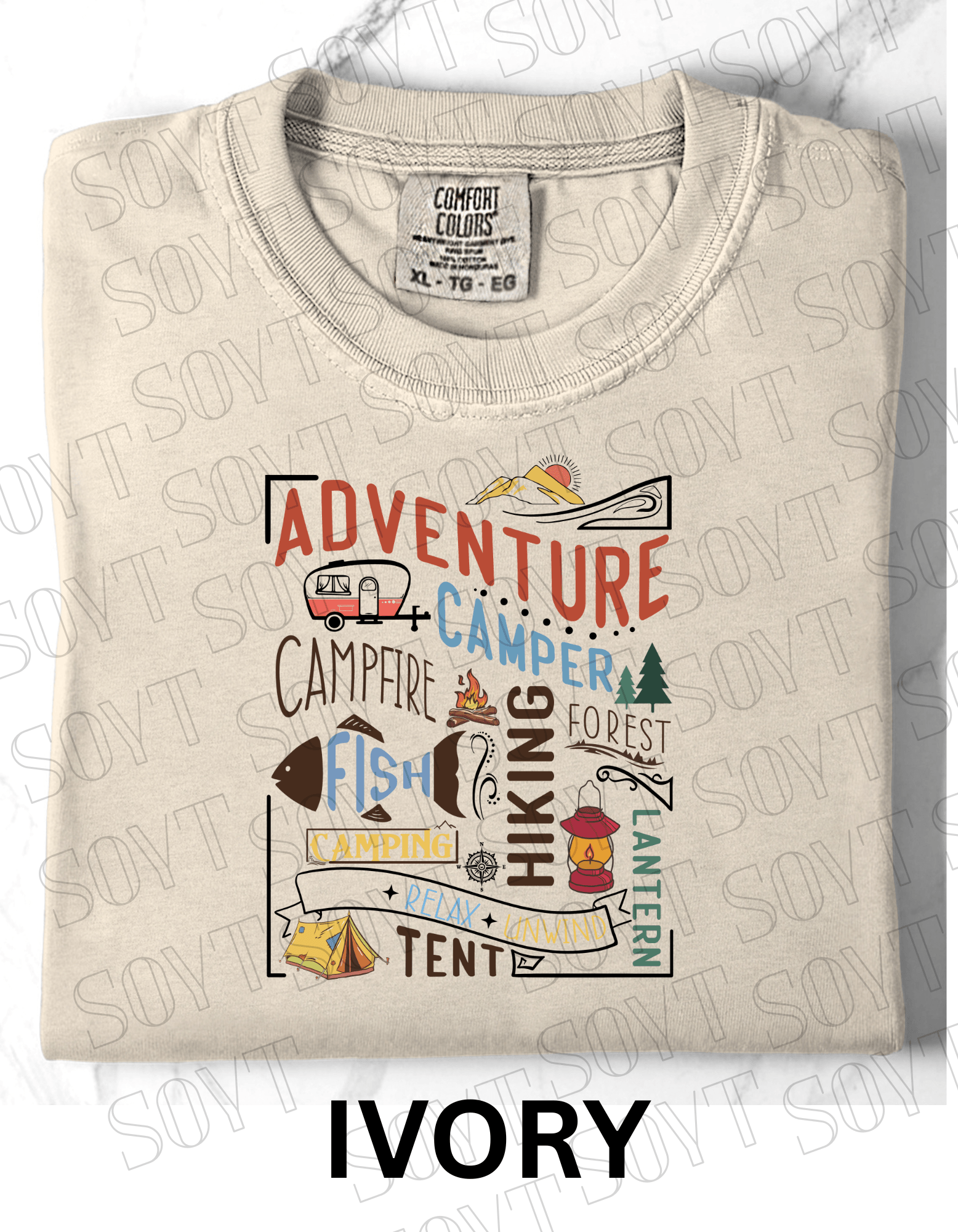 Adventure Camping Collage T-Shirt – Colorful Outdoor Lifestyle Graphic Tee - Festive Apparel StoreIvory