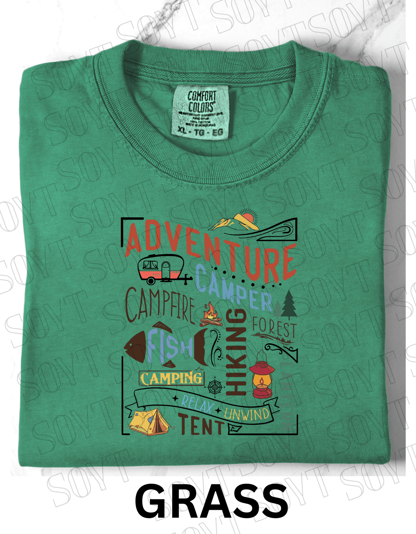 Adventure Camping Collage T-Shirt – Colorful Outdoor Lifestyle Graphic Tee - Festive Apparel StoreGrass