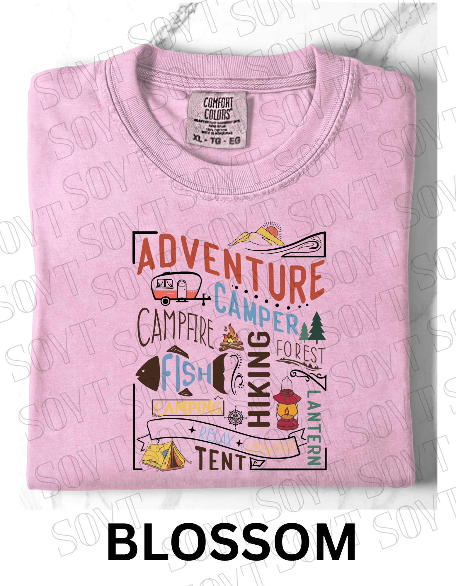 Adventure Camping Collage T-Shirt – Colorful Outdoor Lifestyle Graphic Tee - Festive Apparel StoreBlossom