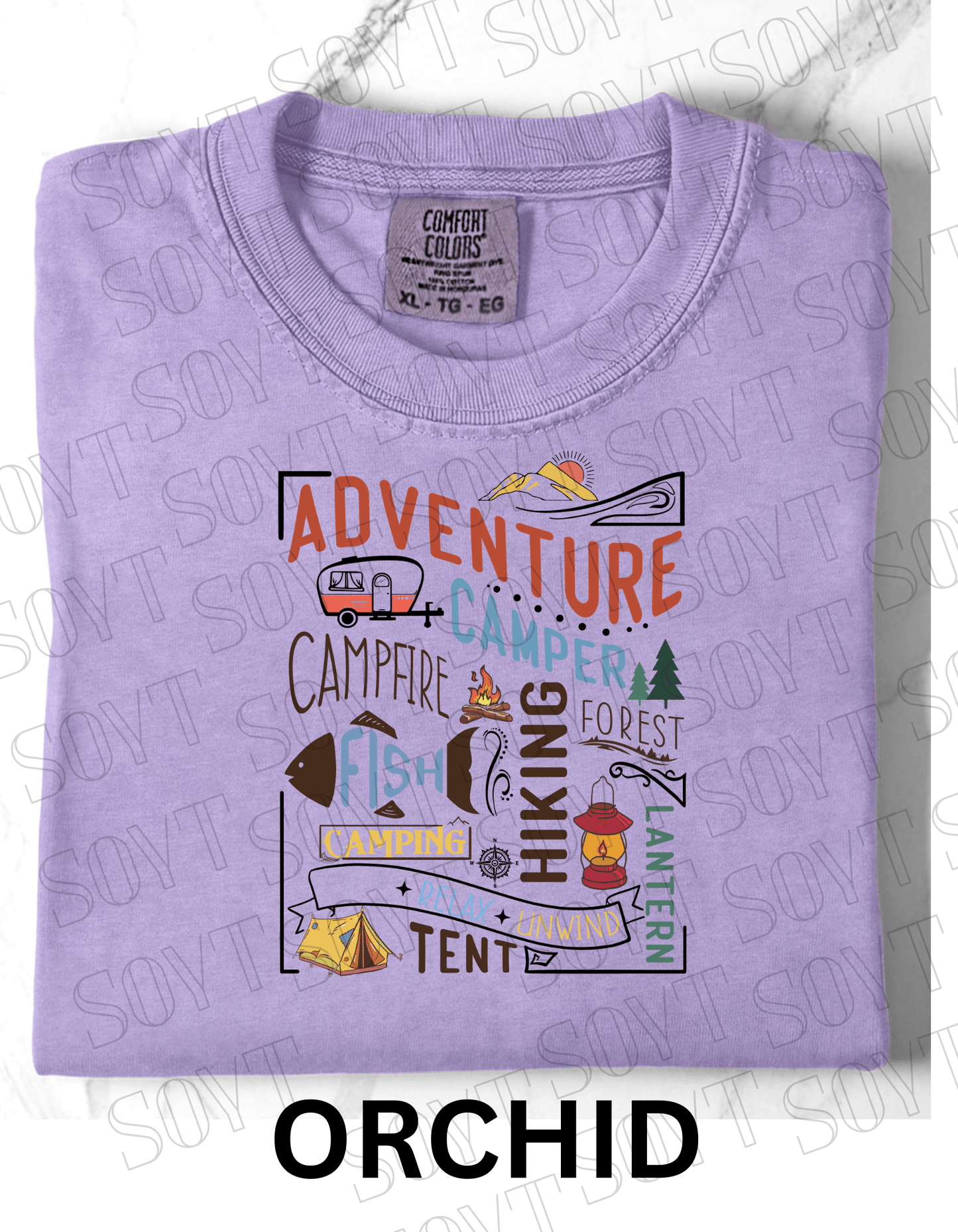 Adventure Camping Collage T-Shirt – Colorful Outdoor Lifestyle Graphic Tee - Festive Apparel StoreOrchid
