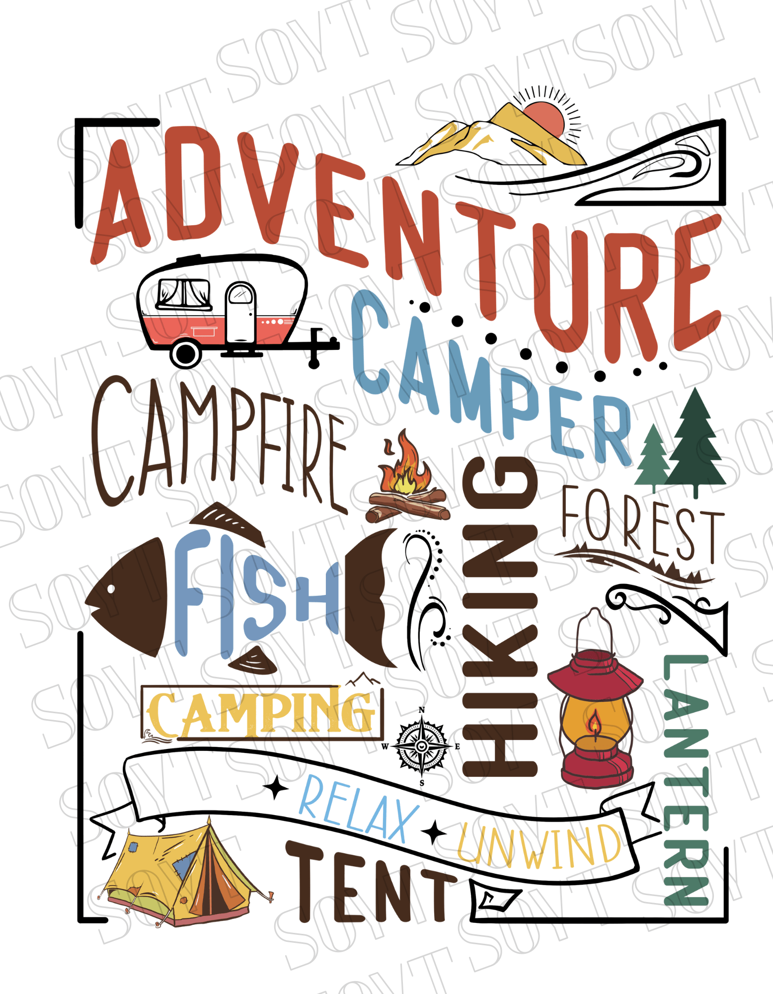 Adventure Camping Collage T-Shirt – Colorful Outdoor Lifestyle Graphic Tee - Festive Apparel StoreBlack