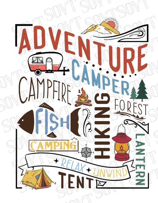 Adventure Camping Collage T-Shirt – Colorful Outdoor Lifestyle Graphic Tee - Festive Apparel StoreBlack