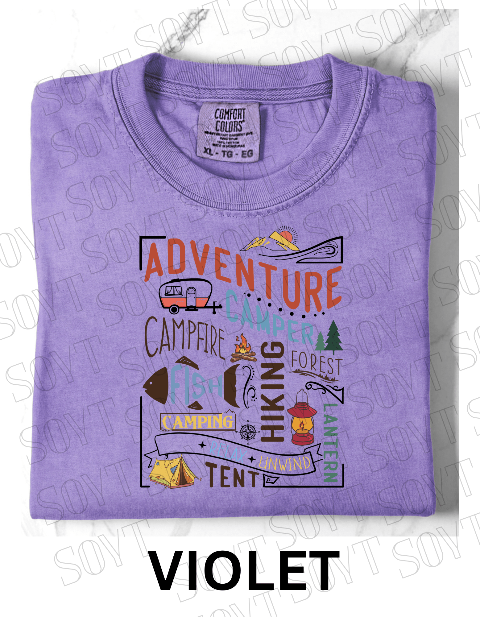 Adventure Camping Collage T-Shirt – Colorful Outdoor Lifestyle Graphic Tee - Festive Apparel StoreViolet
