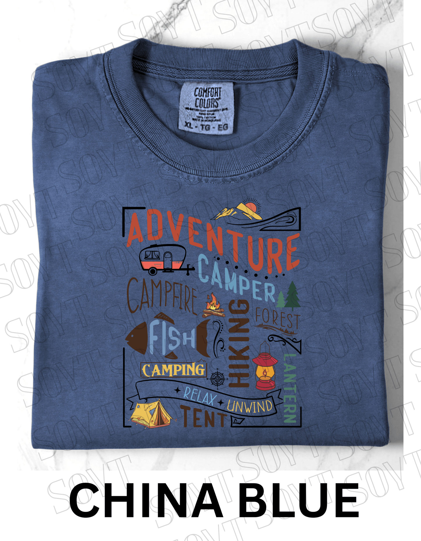 Adventure Camping Collage T-Shirt – Colorful Outdoor Lifestyle Graphic Tee - Festive Apparel StoreChina Blue