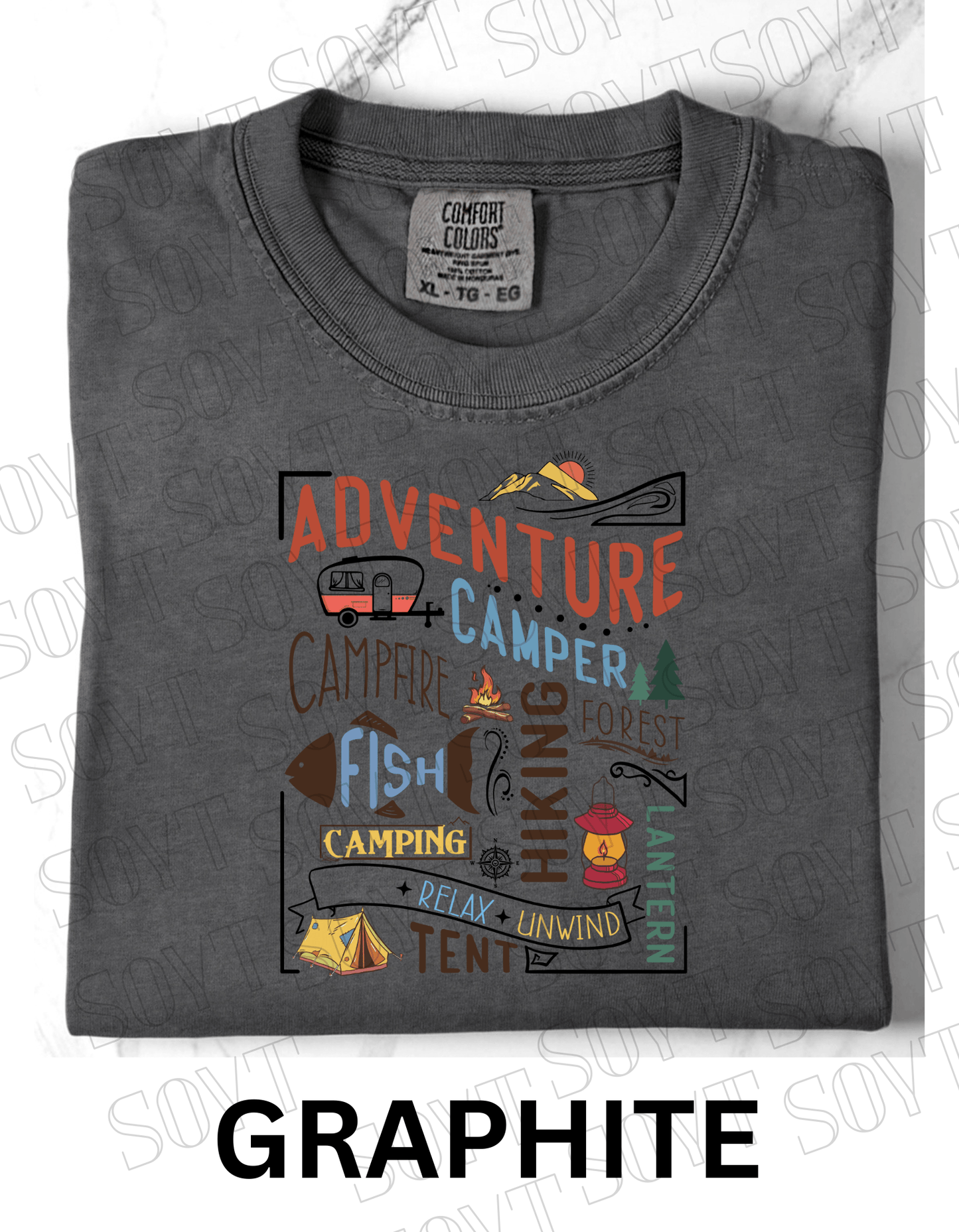 Adventure Camping Collage T-Shirt – Colorful Outdoor Lifestyle Graphic Tee - Festive Apparel StoreGraphite