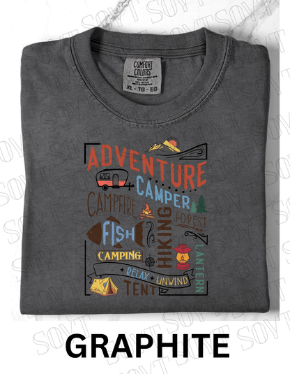 Adventure Camping Collage T-Shirt – Colorful Outdoor Lifestyle Graphic Tee - Festive Apparel StoreGraphite