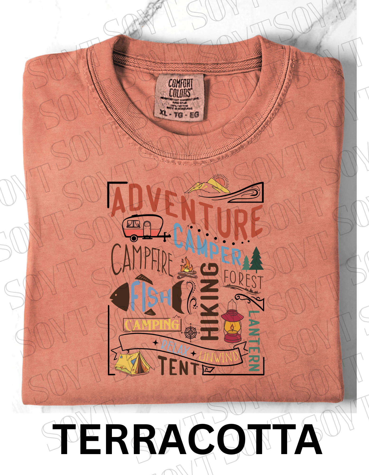 Adventure Camping Collage T-Shirt – Colorful Outdoor Lifestyle Graphic Tee - Festive Apparel StoreTerracotta