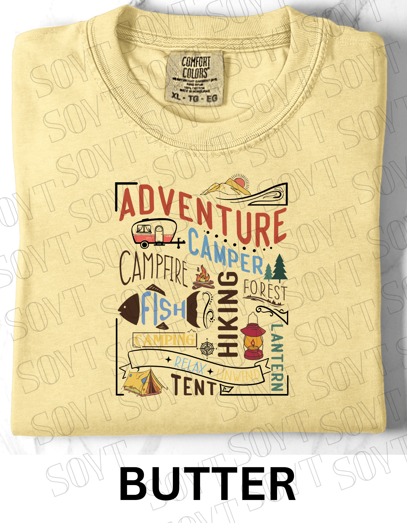 Adventure Camping Collage T-Shirt – Colorful Outdoor Lifestyle Graphic Tee - Festive Apparel StoreButter