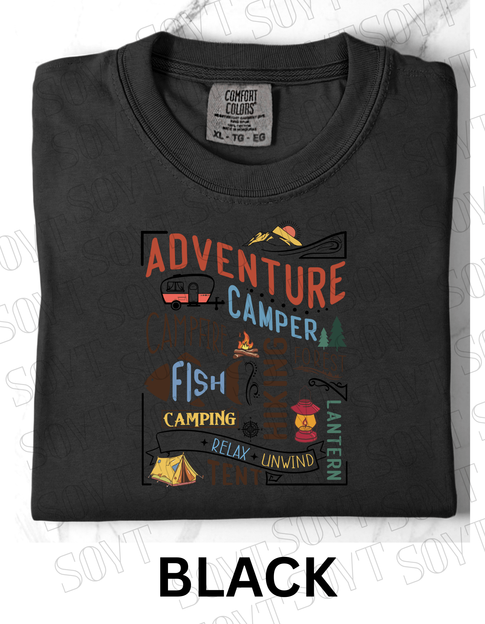 Adventure Camping Collage T-Shirt – Colorful Outdoor Lifestyle Graphic Tee - Festive Apparel StoreBlack