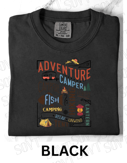 Adventure Camping Collage T-Shirt – Colorful Outdoor Lifestyle Graphic Tee - Festive Apparel StoreBlack