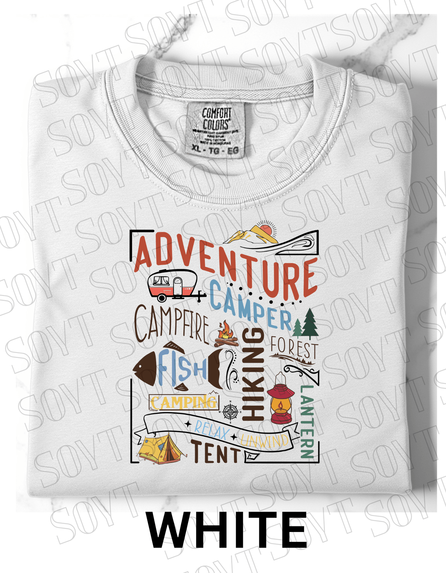 Adventure Camping Collage T-Shirt – Colorful Outdoor Lifestyle Graphic Tee - Festive Apparel StoreWhite