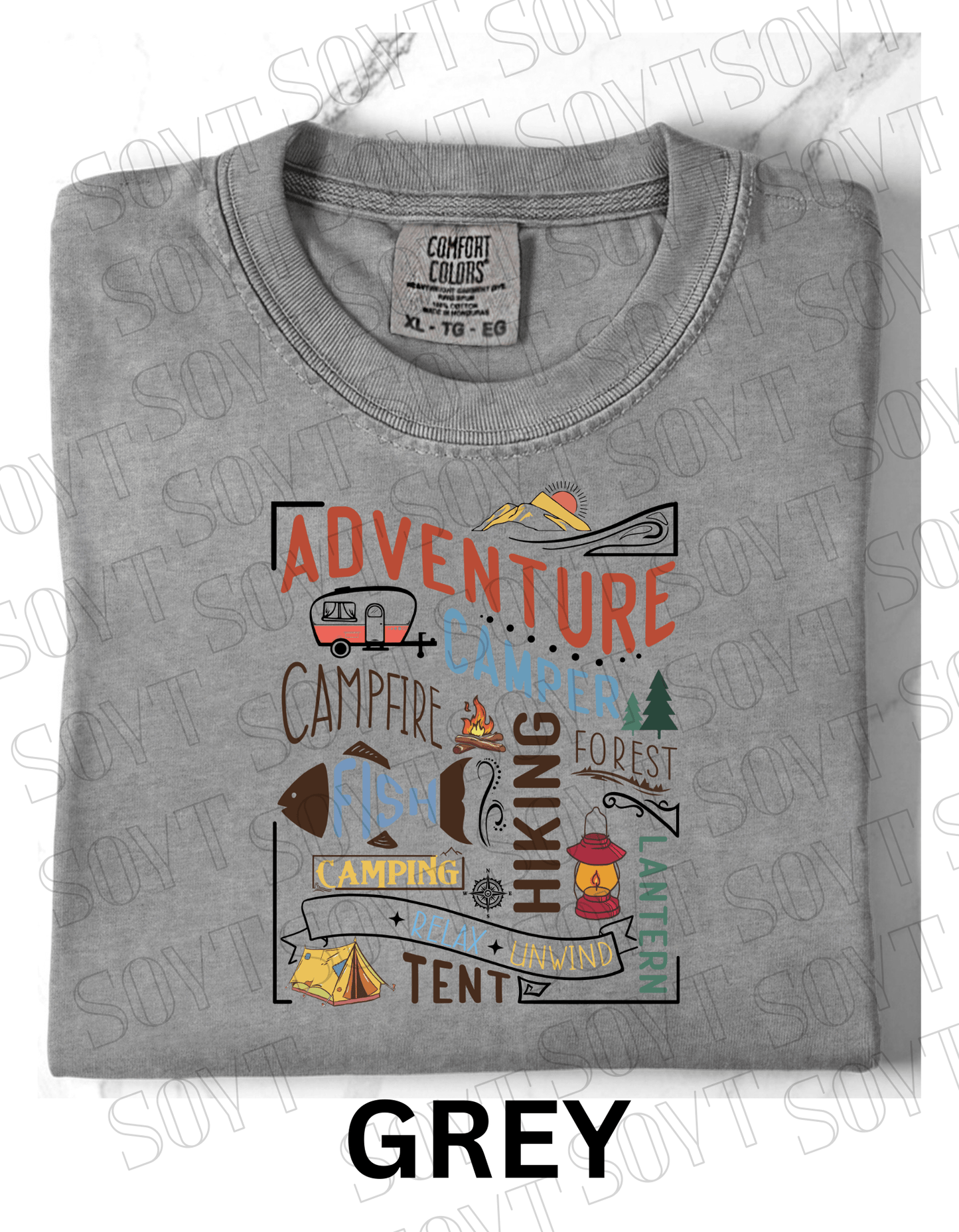 Adventure Camping Collage T-Shirt – Colorful Outdoor Lifestyle Graphic Tee - Festive Apparel StoreGrey