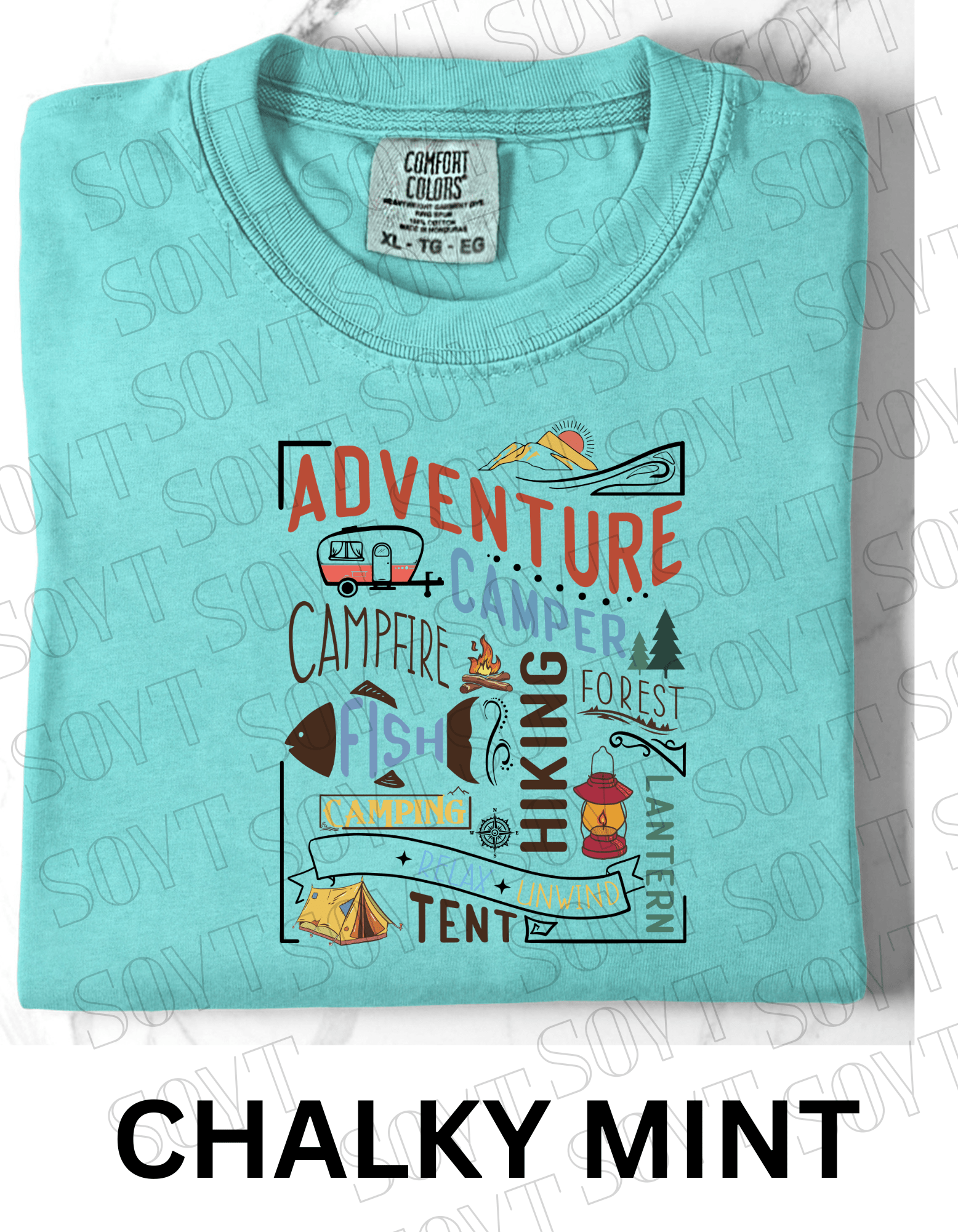 Adventure Camping Collage T-Shirt – Colorful Outdoor Lifestyle Graphic Tee - Festive Apparel StoreChalky Mint