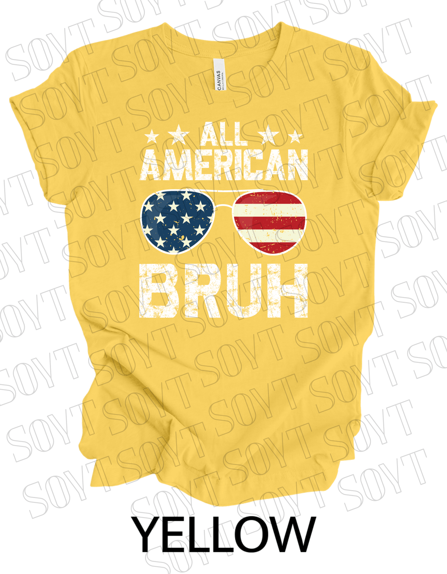 All American Bruh T-Shirt – Funny Patriotic Sunglasses Graphic Tee | Made in USA - Festive Apparel StoreYellow
