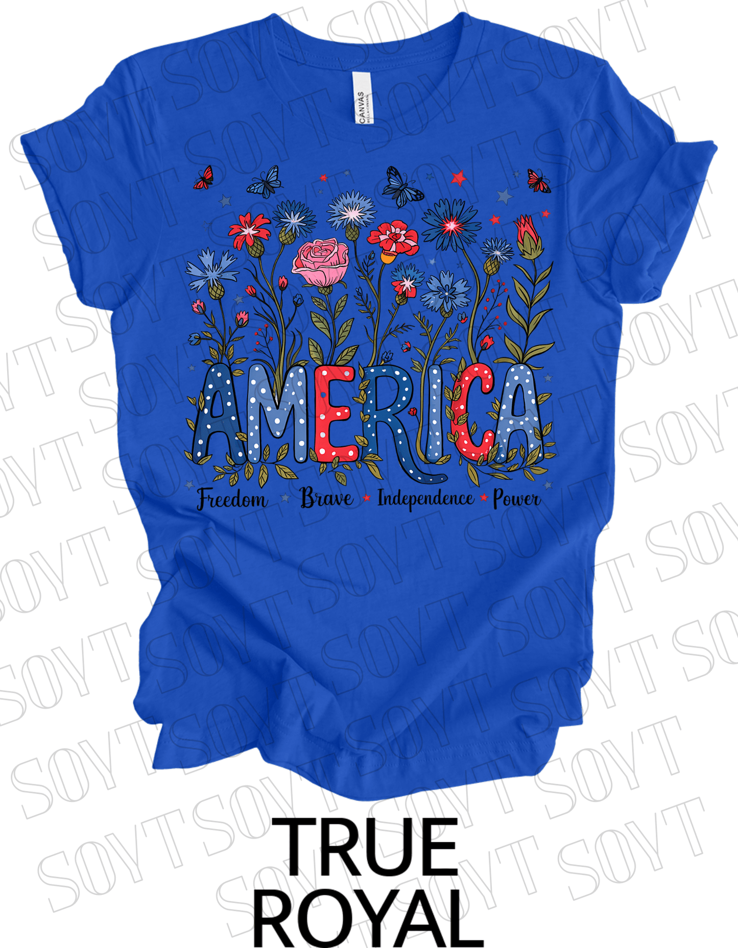 America Floral Patriotic T-Shirt – Bella+Canvas 4th of July Women’s Tee - Festive Apparel StoreRoyal Blue