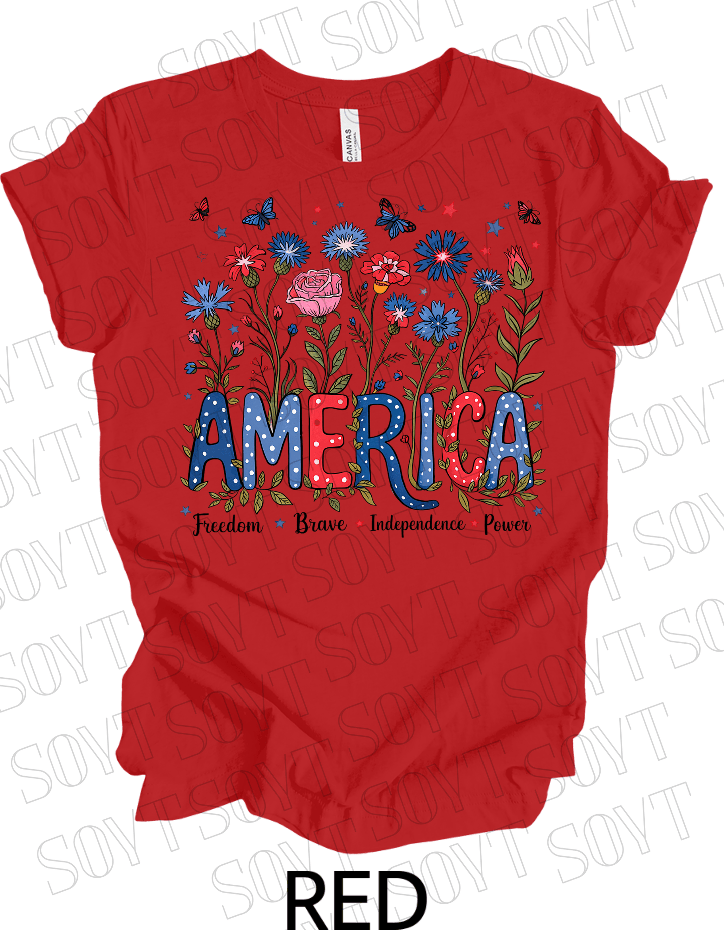 America Floral Patriotic T-Shirt – Bella+Canvas 4th of July Women’s Tee - Festive Apparel StoreRed