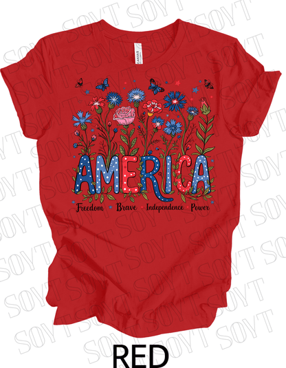 America Floral Patriotic T-Shirt – Bella+Canvas 4th of July Women’s Tee - Festive Apparel StoreRed