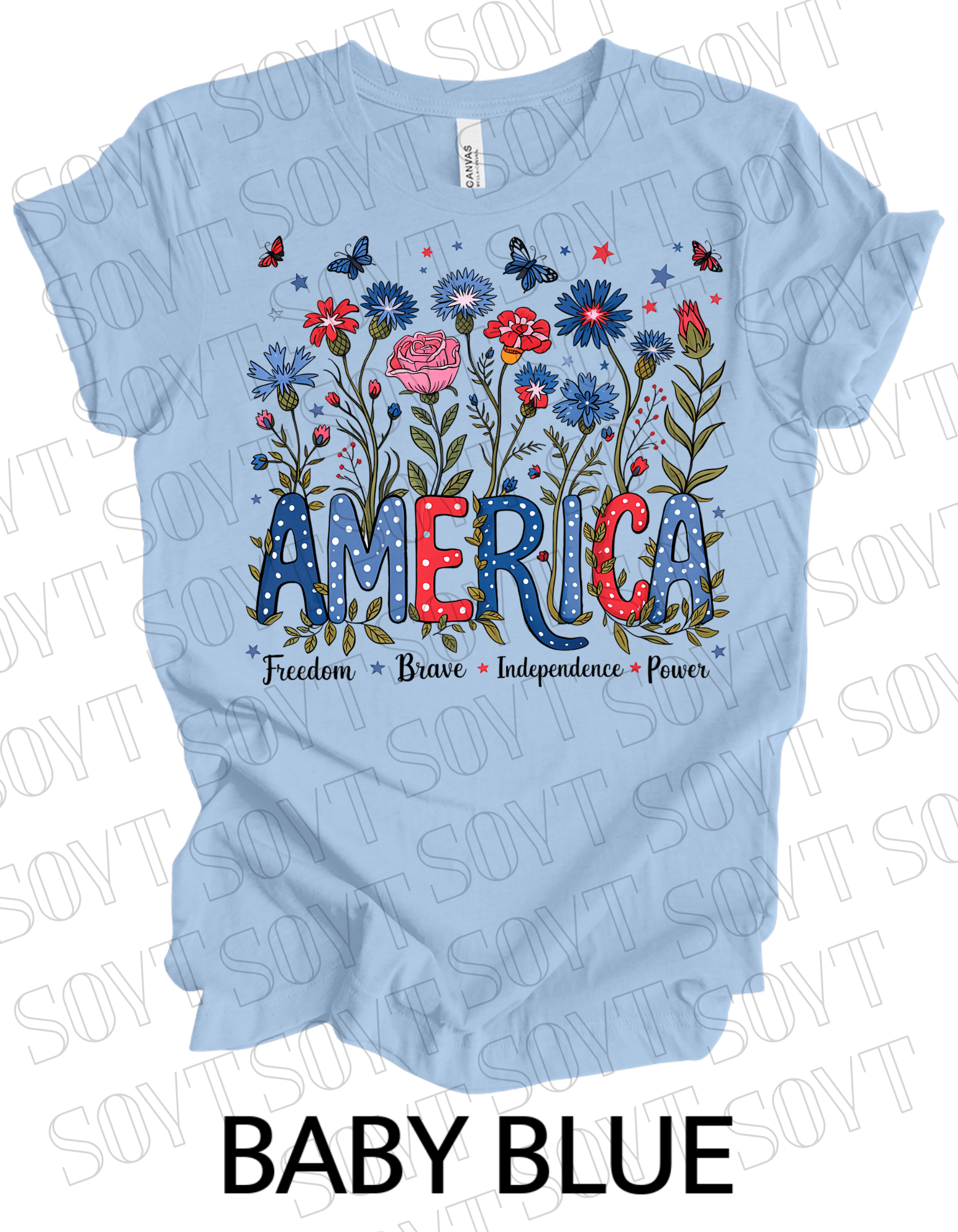 America Floral Patriotic T-Shirt – Bella+Canvas 4th of July Women’s Tee - Festive Apparel StoreBaby Blue