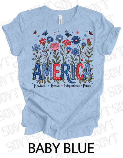 America Floral Patriotic T-Shirt – Bella+Canvas 4th of July Women’s Tee - Festive Apparel StoreBaby Blue