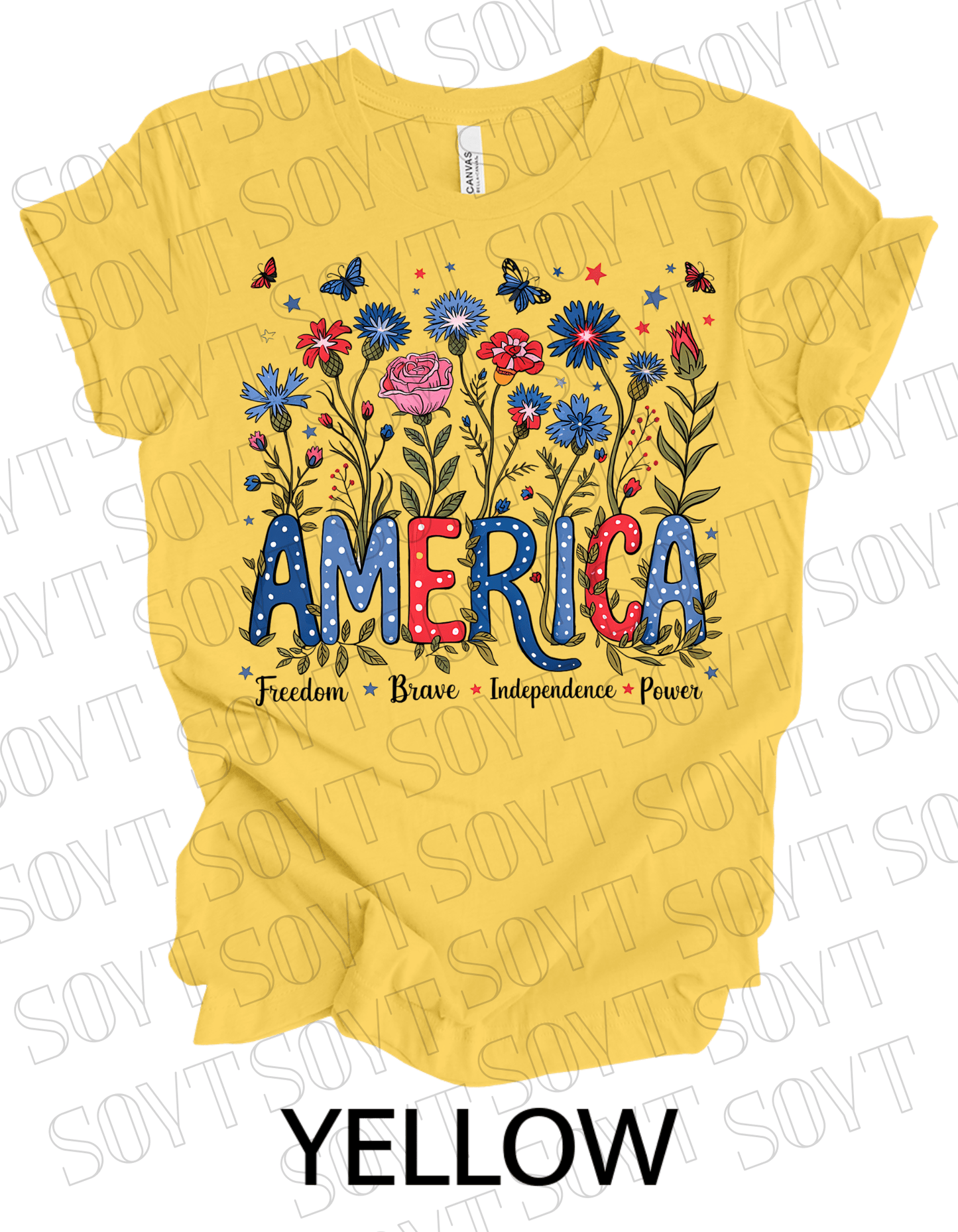 America Floral Patriotic T-Shirt – Bella+Canvas 4th of July Women’s Tee - Festive Apparel StoreYellow