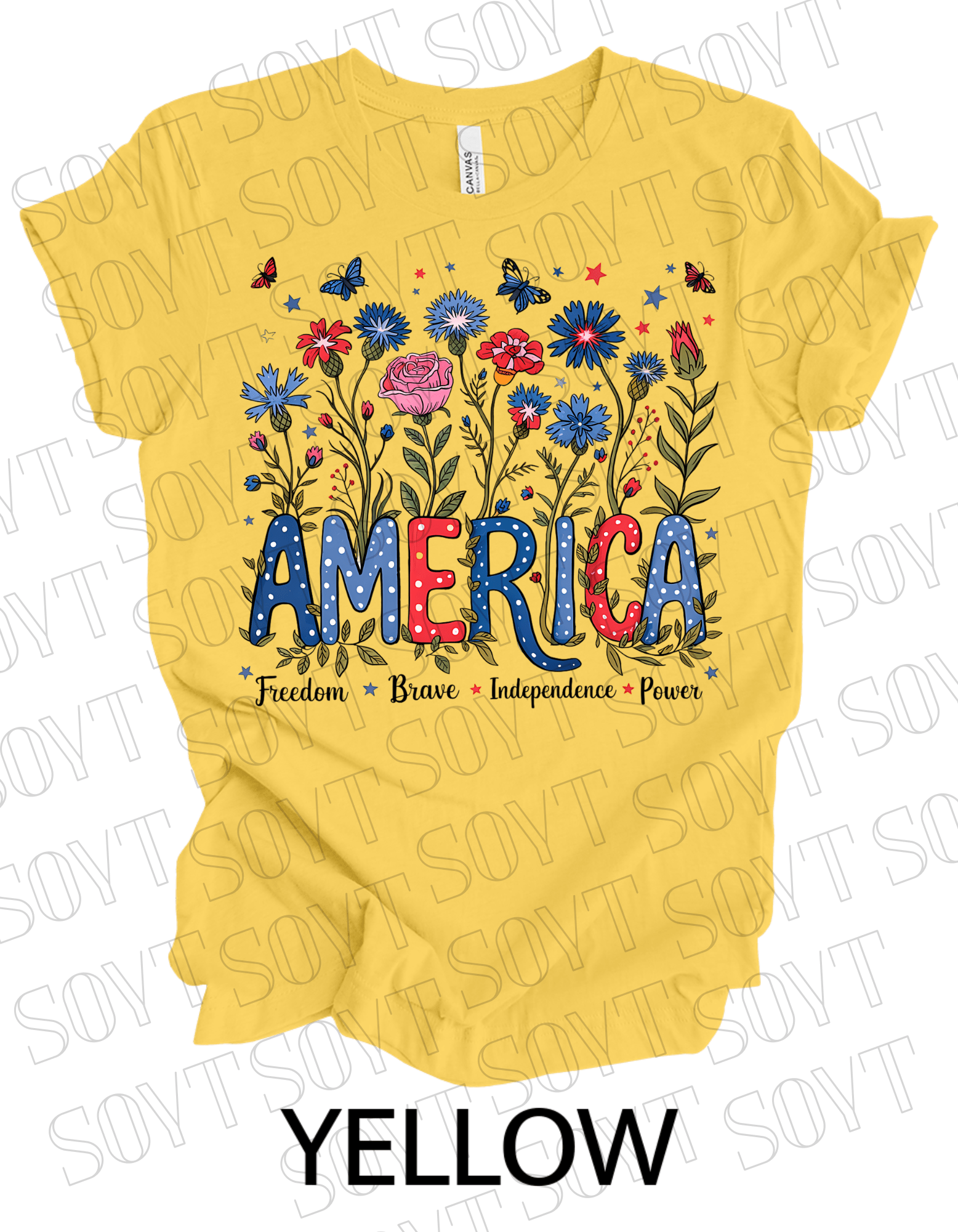 America Floral Patriotic T-Shirt – Bella+Canvas 4th of July Women’s Tee - Festive Apparel StoreYellow