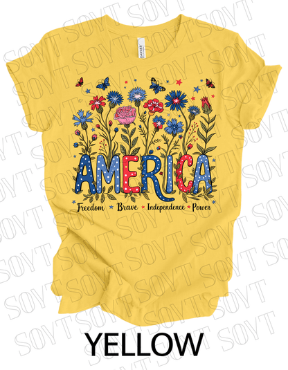 America Floral Patriotic T-Shirt – Bella+Canvas 4th of July Women’s Tee - Festive Apparel StoreYellow